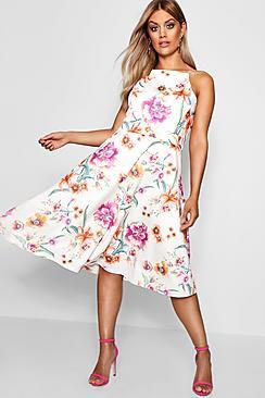 Boohoo Plus Hope Scuba Floral Strappy Midi Skater Dress