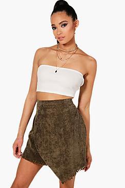 Boohoo Cord Fray Hem Wrap Mini Skirt
