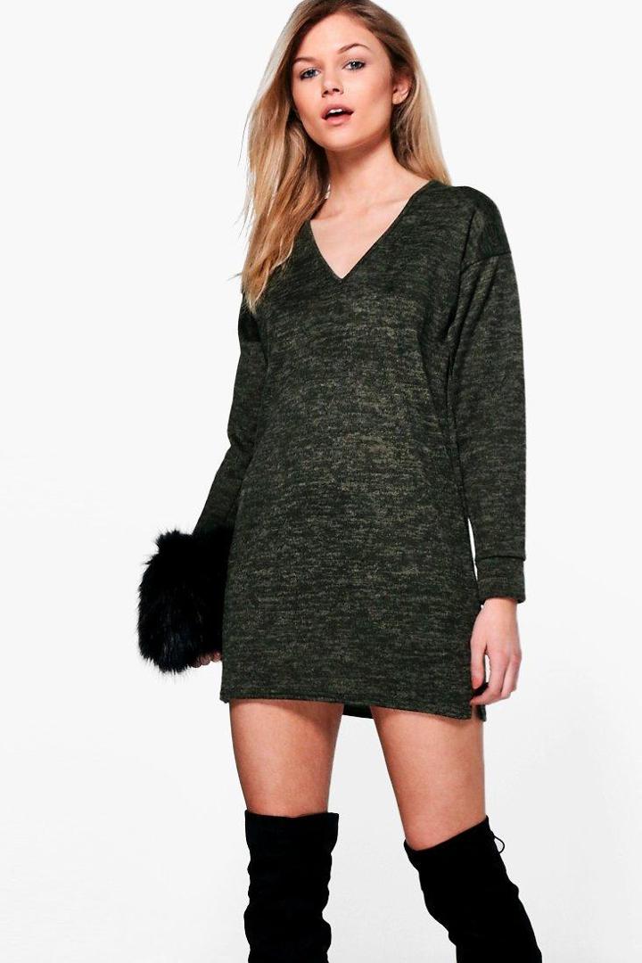 Boohoo Petite Shauna Brushed Knit Jumper Dress Khaki