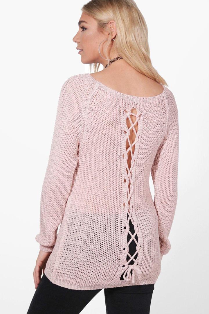 Boohoo Frances Lace Up Back Slouchy Jumper Blush
