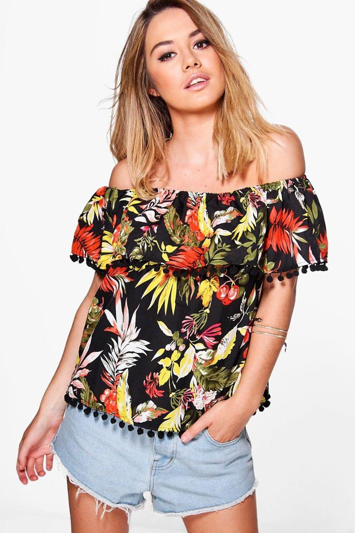 Boohoo Petite Jenny Off The Shoulder Tropical Pom Pom Top Multi
