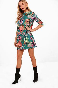 Boohoo Floral 3/4 Sleeve Shift Dress