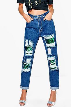 Boohoo Hatty Sequin Distressed Boyfriend Jeans
