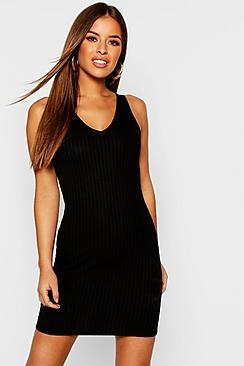 Boohoo Petite Rib Knit V Neck Bodycon Dress