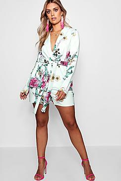 Boohoo Plus Floral Print Belted Blazer
