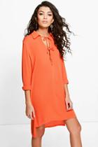 Boohoo Allie Keyhole Lace Up Dipped Hem Shirt Dress Orange