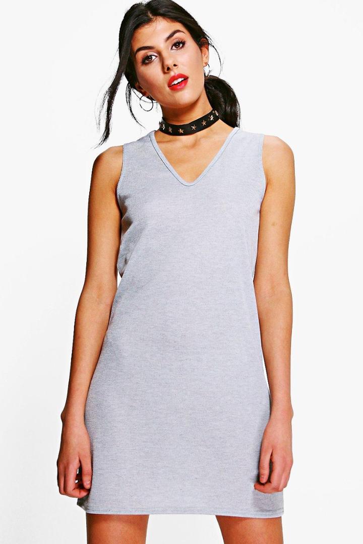 Boohoo Taylor Fine Rib V-neck Shift Dress Grey