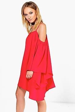 Boohoo Willow Oriental Bell Sleeve Cold Shoulder Dress