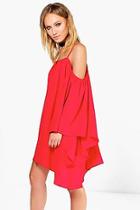 Boohoo Willow Oriental Bell Sleeve Cold Shoulder Dress