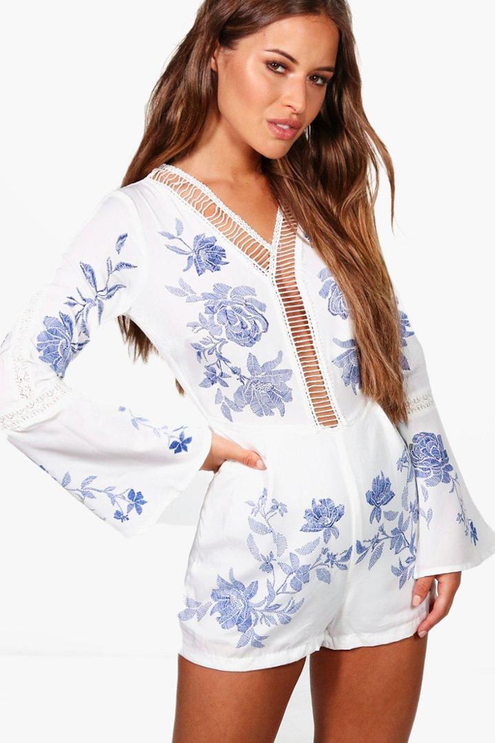 Boohoo Petite Annie Printed Flared Sleeve Playsuit White