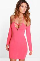 Boohoo Bella Bell Sleeve Strappy Bodycon Dress Coral