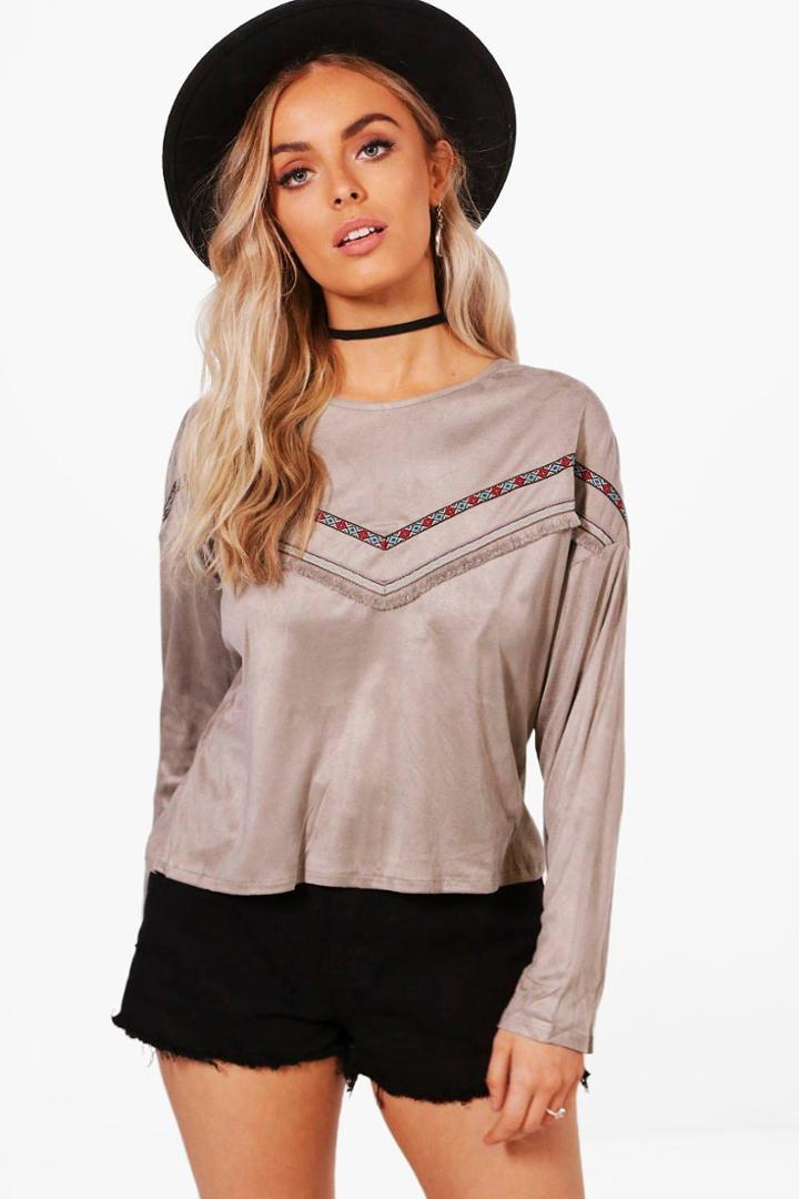 Boohoo Katie Aztec Trim Top Grey