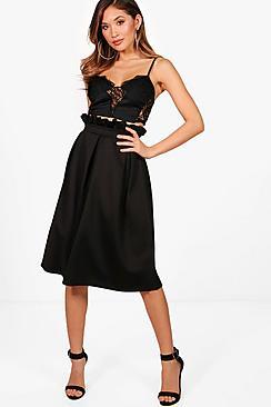 Boohoo Celeste Paperbag Waist Skater Midi Skirt