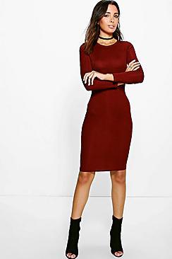 Boohoo Constance Rib Long Sleeve Midi Dress