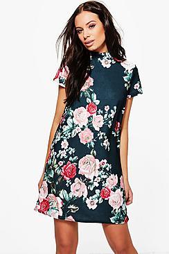 Boohoo Natalie Floral High Neck Shift Dress