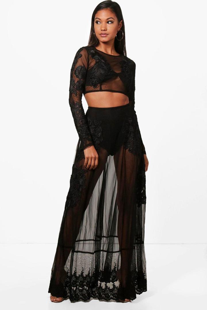 Boohoo Holly Embroidered Sheer Crop & Maxi Co-ord Set Black