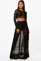 Boohoo Holly Embroidered Sheer Crop & Maxi Co-ord Set Black