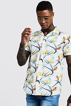 Boohoo Yellow Floral Print Short Sleeve Revere Shirt