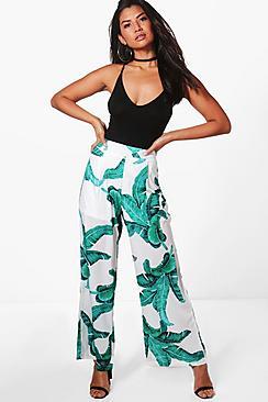 Boohoo Palm Print Woven Wide Leg Trousers