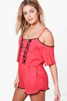 Boohoo Faith Embroidered Cold Shoulder Beach Playsuit Coral