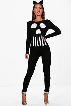 Boohoo Petite Nia Halloween Skull Print Jumpsuit
