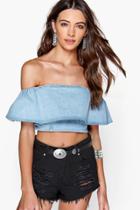 Boohoo Sadie Denim Ruffle Off The Shoulder Top Blue