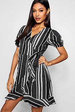 Boohoo Monochrome Mixed Print Woven Tea Dress