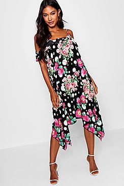 Boohoo Polka Dot Floral Cold Shoulder Hanky Hem Dress