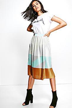 Boohoo Amelle Pleated Colour Block Satin Midi Skirt