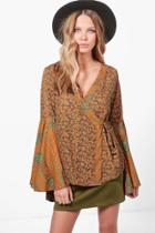 Boohoo Emily Printed Wide Sleeve Woven Top Multi