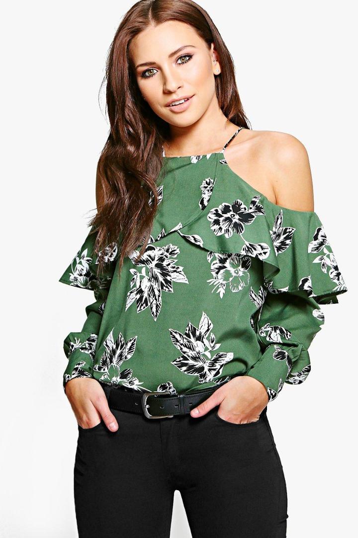 Boohoo Molly Printed Cold Shoulder Blouse Khaki