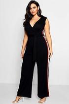 Boohoo Plus Hana Crepe Sports Stripe Wrap Jumpsuit