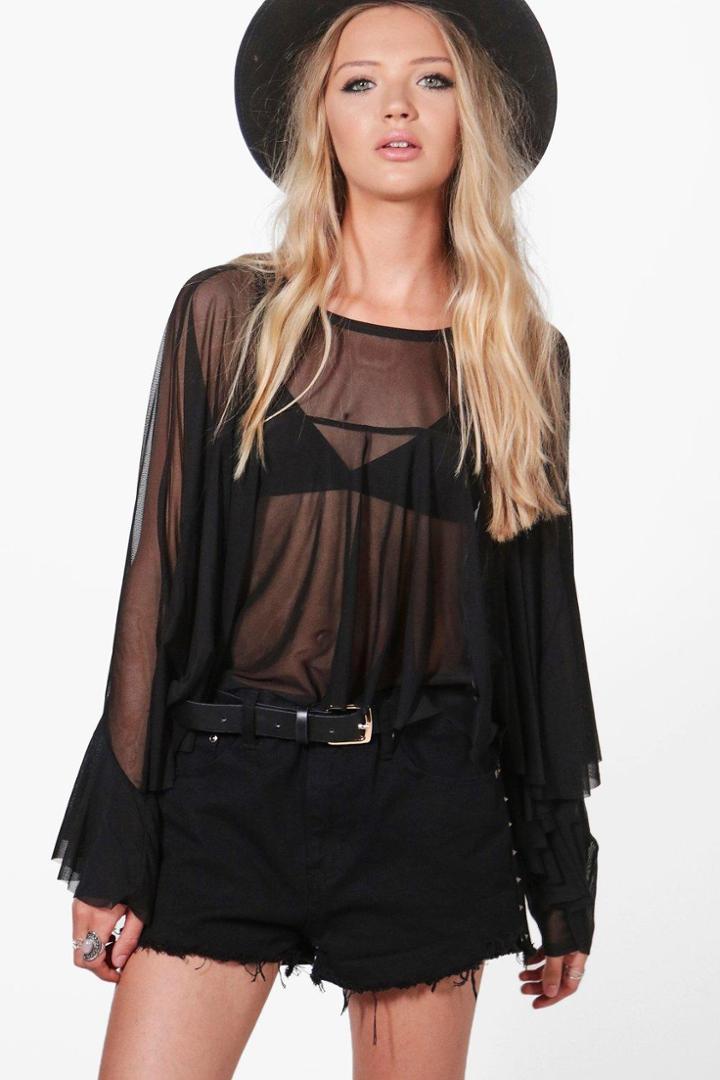 Boohoo Holly Oversized Mesh Ruffle Crop Black
