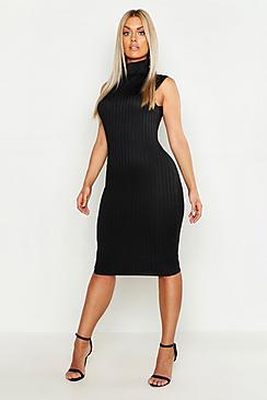 Boohoo Plus Ribbed High Neck Sleevless Midi Dress