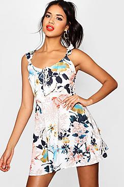 Boohoo Hayley Oriental Print Ruffle Strap Skater Dress
