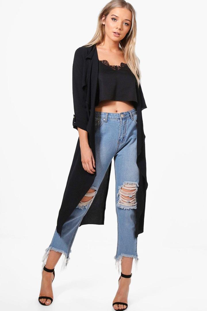 Boohoo Jessica Woven Waterfall Belted Duster Black
