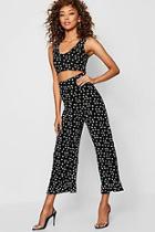 Boohoo Polka Dot Rib V Neck Crop Top + Flare Culotte Co-ord