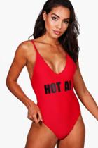 Boohoo Sydney Hot Af Slogan High Leg Bathing Suit Red