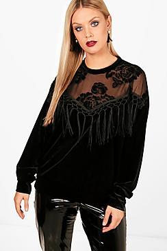 Boohoo Plus Lena Flock + Tassel Detail Velvet Top