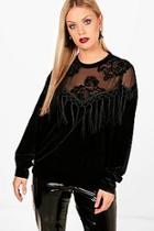 Boohoo Plus Lena Flock + Tassel Detail Velvet Top