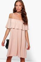 Boohoo Lucy Off The Shoulder Frill Dress Sand