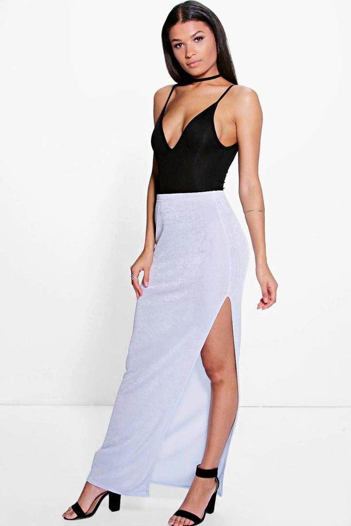 Boohoo Aveline Side Split Textured Slinky Maxi Skirt Sky