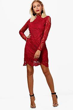 Boohoo Lace Scallop Detail High Neck Bodycon Dress