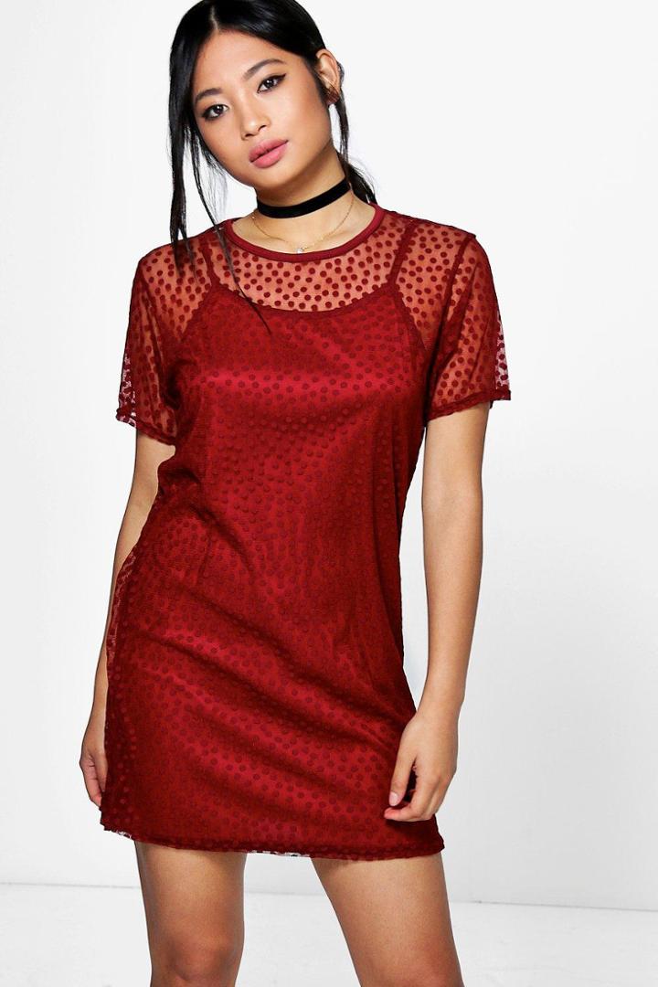 Boohoo Petite Holly Spot Mesh T-shirt Dress Wine