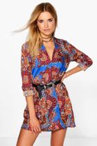 Boohoo Jessica Border Paisley Wrap Shirt Dress Blue