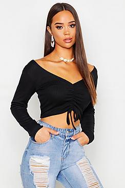 Boohoo Ribbed Ruched Crop Top