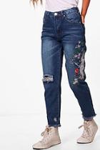 Boohoo Petite Sophia Embroidered Rip Knee Mom Jean