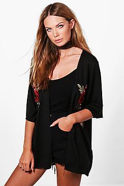 Boohoo Holly Floral Embroidered Kimono Cardigan