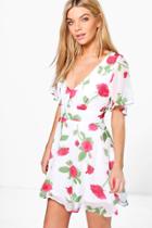 Boohoo Hermia Rose Print Plunge Neck Skater Dress Ivory