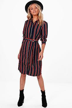 Boohoo Tilly Stripe Buckle Shirt Dress